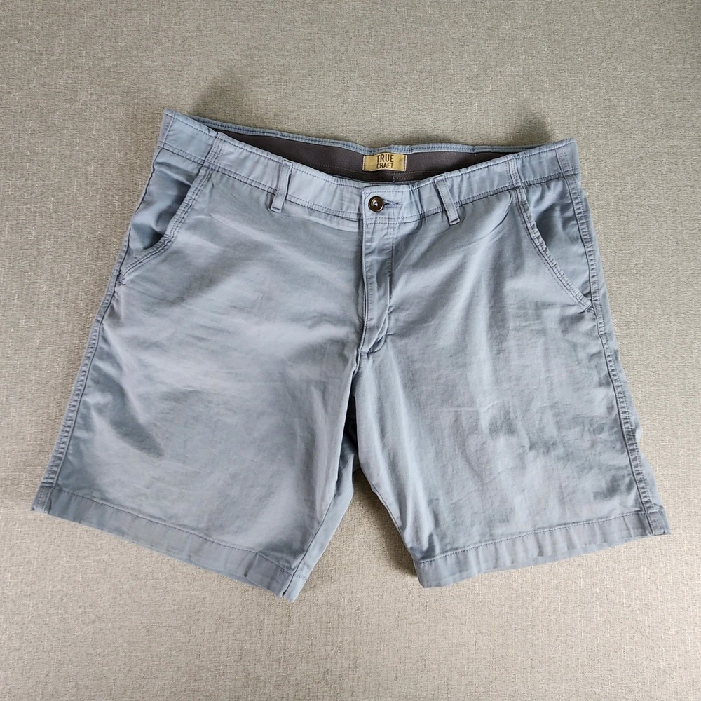 True Craft Mens 40×9 Flat Front Chino Shorts Blue Gray Stretch Cotton Twill EUC
